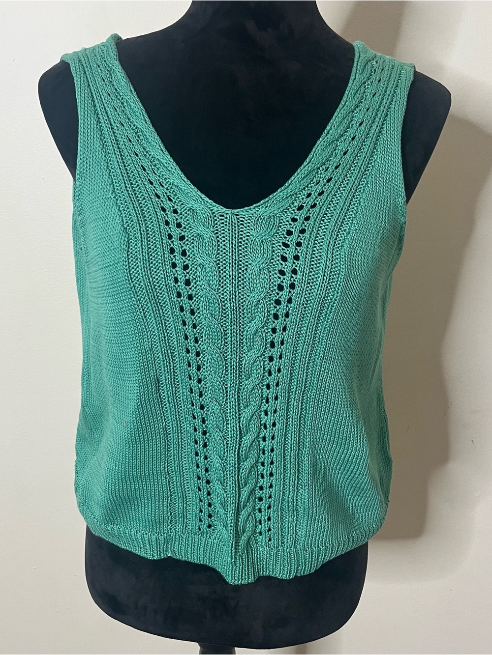 Peruvian Connection Costa Teal Cable Knit V-Neck Pima Cotton Tank Sz S